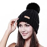 FURTALK Women Girl Large Real Fox Fur Pom Pom Winter Fur Hat Beanie Ski Hat