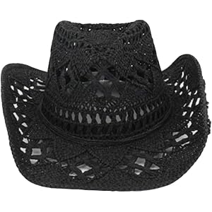 Straw Cowboy Hat - Hand Woven Breathable Beach Cap, Western Summer Sun Hat for Men Women Black