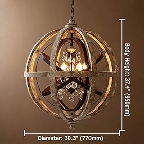 KunMai Rustic Retro Weathered Wooden Globe Metal Orb Crystal 5-Light Chandelier Candle Style Wood Pendant Light Fixtures… 51TfdtiDIgL