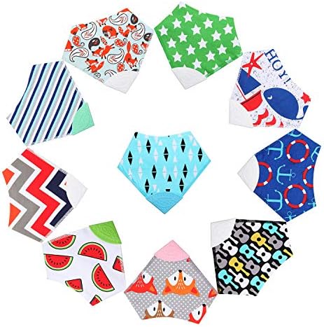 Springzouk Bandana Teething Bibs (10-set) with BPA-Free Silicone Teether and Water-Resistant Snap for Baby