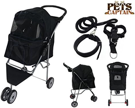PetsCaptain Pet Stroller Cat &amp; Dog Folding Travel Carrier Carriage with Leash, Harness, and Collar Bundle (3-Wheel, Black)