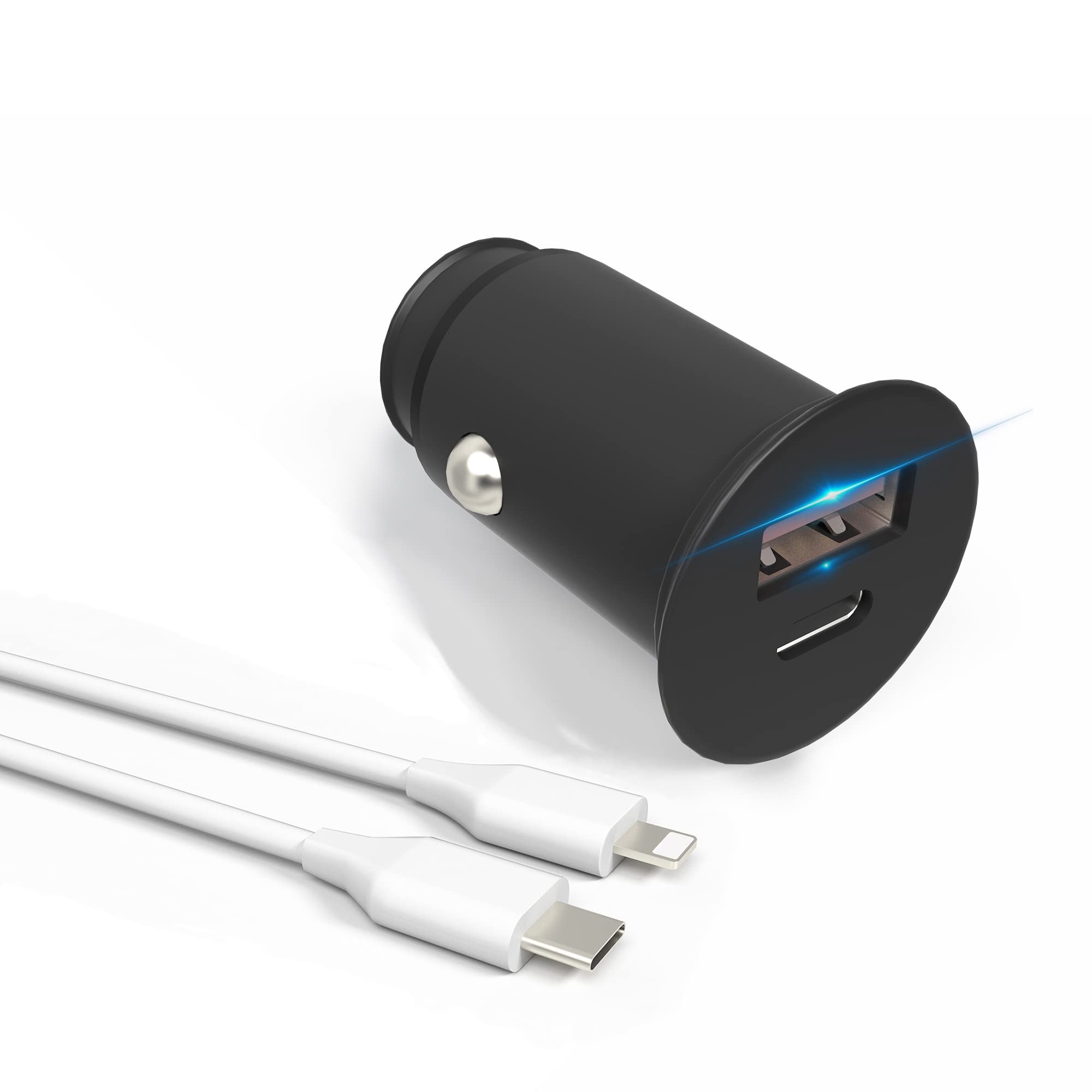 Fast USB C Car Charger, Bawanfa 38W Mini Dual Port QC 3.0 + Type C PD with 1M USB C to Light ning Charging Cable, Compatible with Phone 12/12 Pro/11/11 Pro, I-Pad, S amsung, Android phones, All Metal