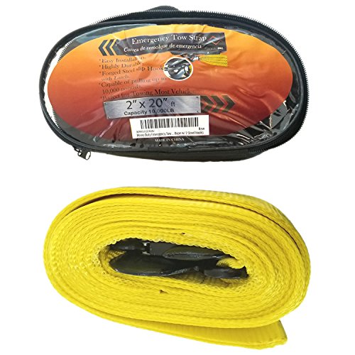 Heavy Duty Emergency Tow Strap 2" x 20 FT 10,000LB Towing Rope w/ 2 Steel Hooks includes free bag