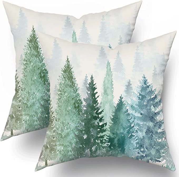 Photo 1 of Pine Tree Throw Pillow Covers 20x20 Set of 2 Watercolor Blue Green Cotton Square Rustic Style Natural Forest Fog Print Decorative Pillowcase Spring Summer Cushion Cover for Home Sofa Bed Outdoor