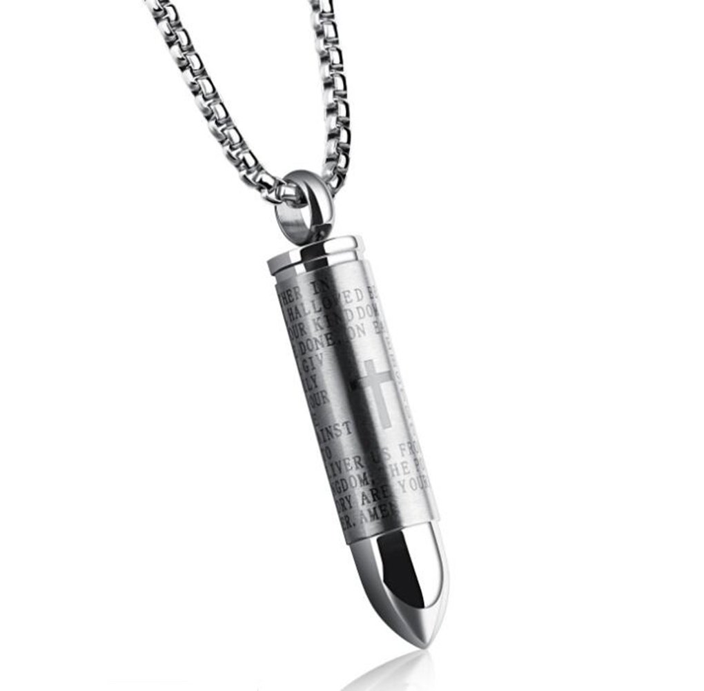 LAFATINA Holy Bible in English Lords Prayer Cross Bullet Pendant for Men Womens Stainless Steel Cremation Urn Ashes Carrier Capsule Pendant Necklace