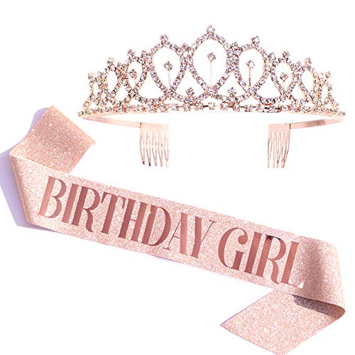 kit de tiara de diamantes de imitación y fajín de niña de cumpleaños - regalos de cumpleaños de oro rosa favores de fiesta de cumpleaños