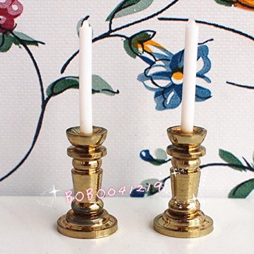 Bobominiworld 2 Pieces Metal Candelholders Dollhouse Miniatures Decoration 1:12 Scale Height 3.6cm Golden
