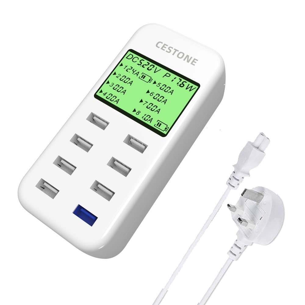 USB Charging Station,60W/12A 8-Port USB Desktop Charger, LCD Display for Multiple Devices Charging,Wall charger,Compatible with Mobile Phones,Tablets, Headphones,Game Controller and More (White)