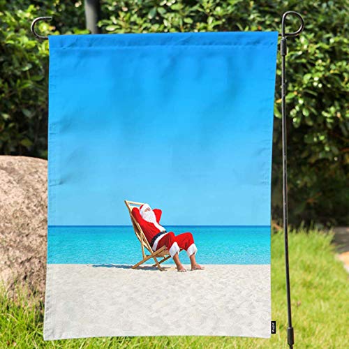 Mugod Santa Claus Garden Flag Christmas Santa Claus Relaxing on Sunlounger at Ocean Sandy Tropical Beach Decorative Spring Summer Outdoor House Flag for Garden Yard Lawn 12 x 18 Inch