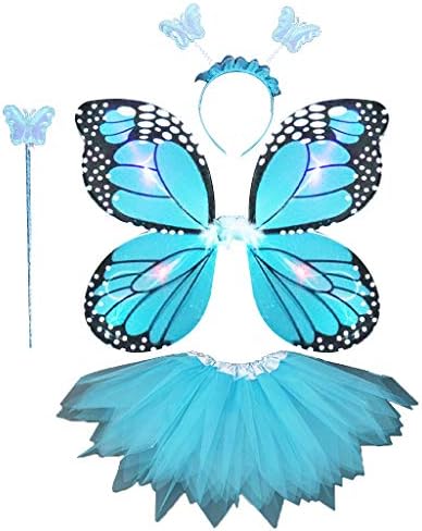 Pennyninis Hot Sale Adult Kids 4Pcs Fairy Costume Set LED Simulation Butterfly Wings Pointed Tutu Skirt Headband Wand Princess Girls Party Dress Up
