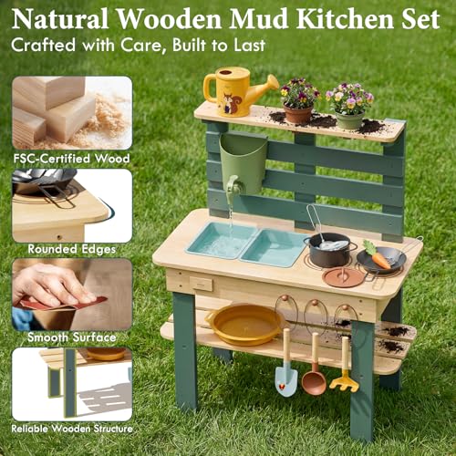 Lehoo Castle Wooden Outdoor Mud Kitchen for Children, Play Kitchen with Real Sink Kitchen Accessories, Garden Toy for Cooking, Casting, Sensory Play, Montessori Learning Toy from 3 Years