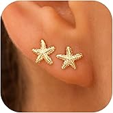 GUOKE Beach Starfish Earrings – 14K Gold/White Gold Plated Seafish Shell Earrings, Coastal Beachy Summer Vacation Jewelry for Women