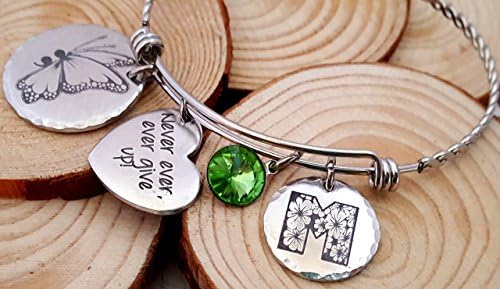 Semi Colon with a Butterfly- Never ever, ever give up Engraved Stainless Steel Bangle Bracelet | Semi Colon Project | Depression Awareness Jewelry