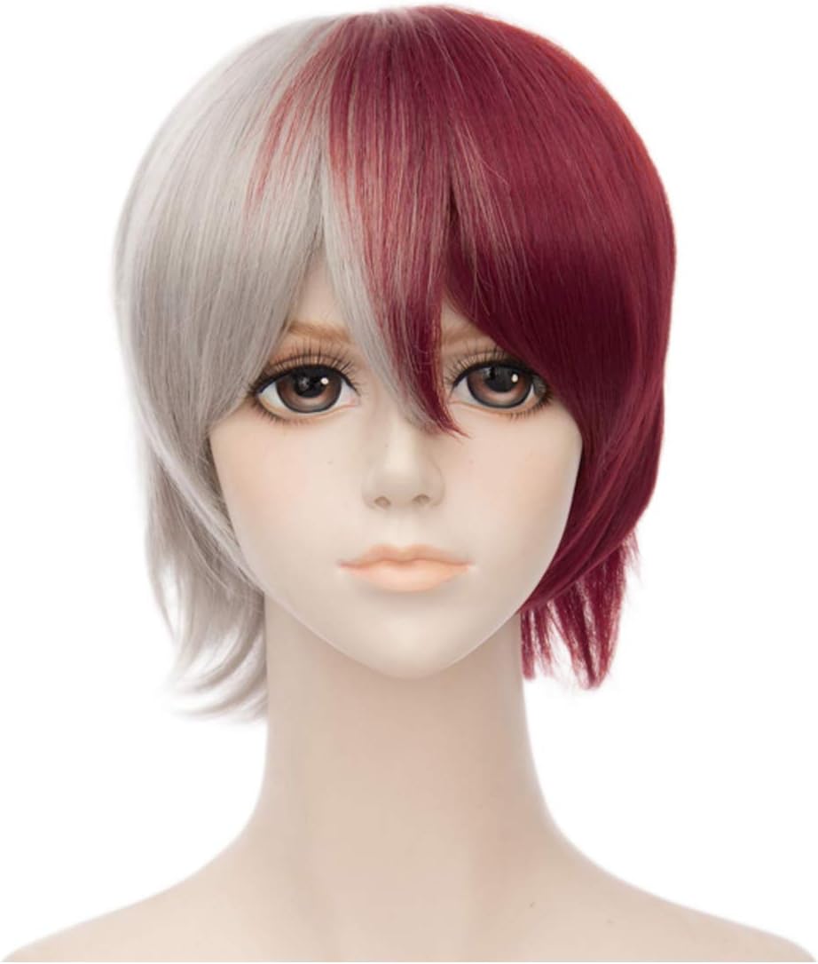 Flovex Short Straight Anime Cosplay Wigs Natural Sexy Costume Party Daily Hair (Red and Grey)