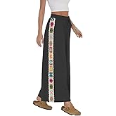 dsumvns Women's Lounge Sweatpants Boho Floral Crochet Drawstring Waist Wide Leg Panel Pant Palazzo Beach Pants with Pockets