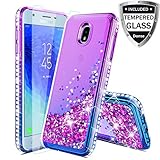 Compatible Samsung Galaxy J3 2018,J3V J3 V 3rd Gen,J3 Orbit Case,Express Prime 3,J3 Star,J3 Achieve,Amp Prime 3 Case W/Glass Screen Protector,Glitter Liquid Quicksand Diamond F/Girls Women,Purple/Blue