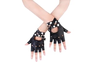 JISEN Women PU Leather Punk Gloves Rivets Belt Up or Snap Half Finger Performance Mittens