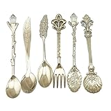 Verdental Retro Stereoscopic Coffee Spoon Tea Spoon Dessert Spoon Mixing Spoon Ice Cream Spoons with Fruit Fork Set of 6 (Silver)