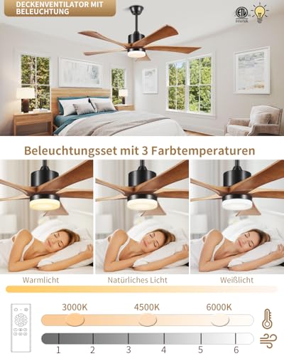 Forrovenco Wooden Ceiling Fan with Light 132 cm / 52 Inches, Ceiling Fan with Lighting and Remote Control, Outdoor Ceiling Fans for Patio, 5 Blades, 6 Levels, Quiet DC Motor, Walnut