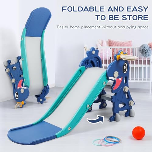 Cenxi Indoor Slide For Toddlers 1-3, Foldable Kids Toddler Playset, And Outdoor Playground, Climber Playset With Basketball Hoop Ring Toss (Blue)