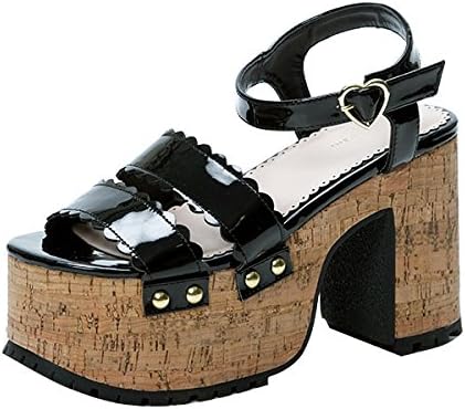 Amazon モンリリィ 夢展望 スカラップ ベルト コルクヒール サンダル L ブラック レディース Mon Lily モンリリィ ファッションサンダル