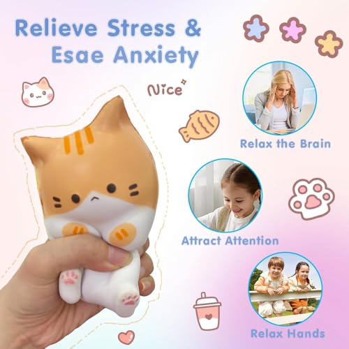 Cute Cat Stress Balls Squishy Toys, Foam Animal Shaped Stress Balls for Kids, Elastic Sensory Ball Party Favors, Comfort Items for Anxiety, Party Gift Basket Stuffers (Gray + Orange)