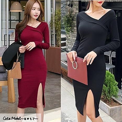 Amazon 無地 スリット セクシー 艶コーデ アシンメトリー ひざ丈 ワンピース ワインレッド L ワンピース チュニック 通販