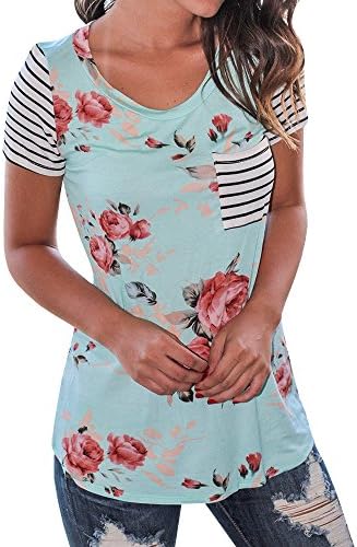 PAPAPA women's summer short sleeve Floral print patchwor casual top blouse t shirt with pocket (XL, Multicolor)