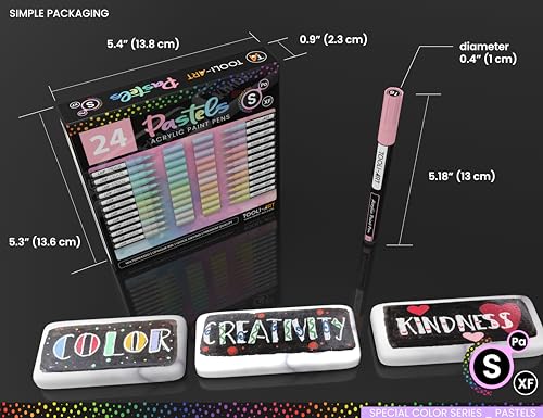 TOOLI-ART 24 acrylic pastel paint markers with extra fine 0.7mm tip for painting on rock, glass, wood, metal, canvas, details, non-toxic, quick drying.