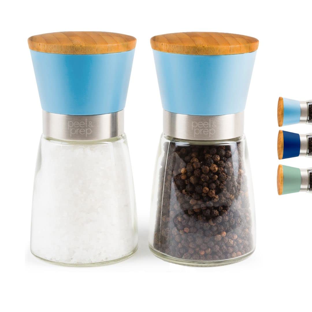peel & prep Salt and Pepper Grinder Set - Premium Quality Ceramic Grinder - Refillable - Season to Perfection with an Adjustable Grinder - Wooden lids to retain Freshness - Large Capacity