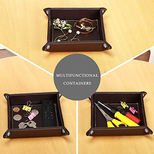 PUSU Desk Organizer Trays, Collapsible Household Catchall Storage Leatherette Drawer Valet Trays for Keys Remote Controller Jewelry Makeup Pens Change Coins Dice Trinkets (Brown) - Thumbnail 3