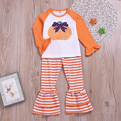 Baby-Girls 2 Piece Pumpkin Long Sleeve Tops Striped Bell-Bottoms Halloween Set Outfit (Orange, 3-4 Years) - Thumbnail 2