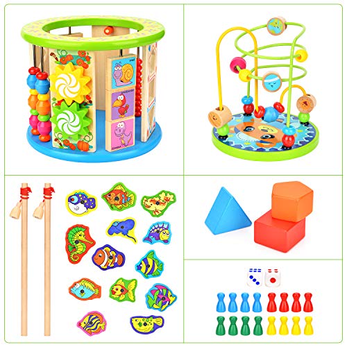 Victostar Activity Cube, 10 in 1 Bead Maze Multipurpose Educational Toy Wood Shape Color Sorter for Kids
