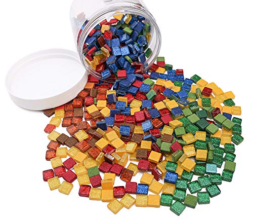 1cm Square Tile Pieces for Mosaic Art, E-Home Shop 568g (20oz) Assorted Colorful Glitter Glass Mosaic Chips for Mosaic Candle Holder Making, Mosaic Coaster, Mosaic Crafts (640 Pieces)