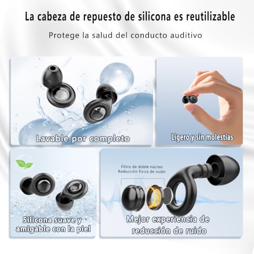 2026 Nuevo Tapones Oídos Ruido Dormir, 48dB tapones reutilizables ultra suaves que reducen el ruido, Silicona flexible, 4 tipos y tamaños XS/S/M/L | para dormir, concentrarse o viajar- Negro