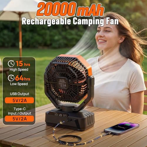 Camping Fan with LED Light, 20000mAh Rechargeable Automatic Vibration Fans for Outdoor Camping Tent with Remote, 4 Speed USB Desk Fan for Fishing, Picnic