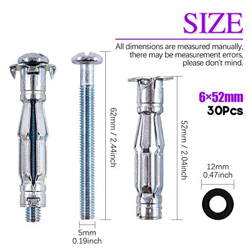 30Pcs M6×52 Heavy Duty Zinc Plated Steel Molly Bolt Assortment Kit
