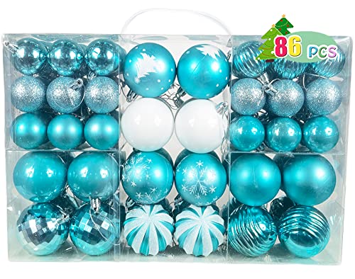 AOGU 86 Pcs Christmas Balls Teal Christmas Tree Ball Ornaments Set Shatterproof Decorations for Trees Home Party Holiday Garlands Wreaths Decor Hanging Ball Ornaments Hooks Included