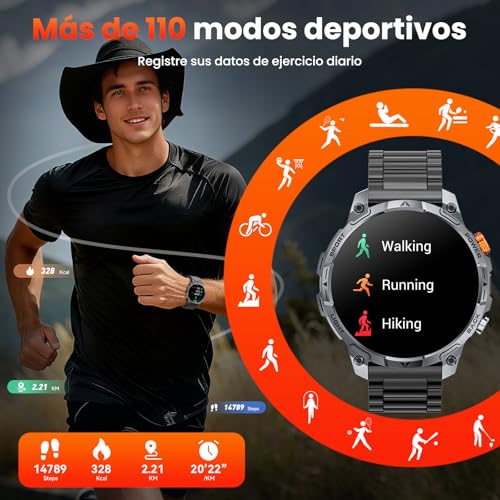 Haulvean Militares Reloj Inteligente Hombre, 1000 mAh Smartwatch, Dos Correas, Pantalla HD 1,75", Linterna LED, 100＋Modos Deportivos, Salud Monitorizada, Llamadas Bluetooth para iOS Android (Negro)