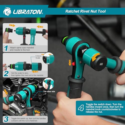 LIBRATON Rivet Nut Tool Kit, Rivnut Tool, Professional Ratchet Rivet Nut Tool, Ratcheting Riv Nut Tool with 10 SAE and Metric Mandrels, 100PCS Rivet Nuts, Rugged Carry Case, Nutsert Kit for Automotive