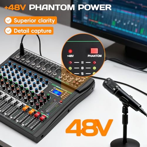 XTUGA CT80 8 Channel Audio Mixer for PC Recording Professional Sound Board Built-in Digital Effect Studio Mixer with 48V Phantom Power RCA Input Output MP3Bluetooth EQ