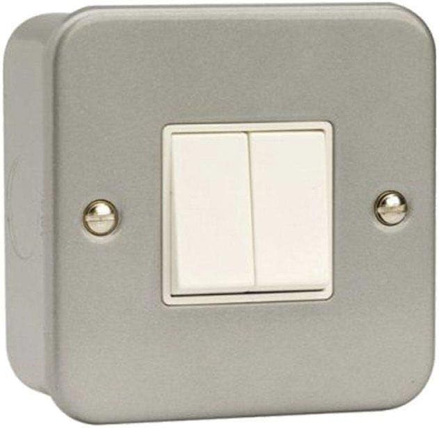 Invero 2 Gang 2 Way Metal Clad Light Switch 10A, Durable Metal Finish with Surface Mounting Back Box for Garages Workshops