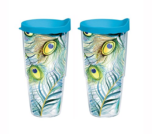 Set of 2 Tervis Tumblers, Peacock, 24oz with Blue Travel Lid