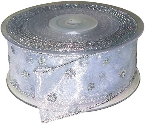 White Silver Polka Dot Glitter Organza Wire Edged Ribbon p/mtr W:38mm