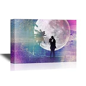 Romantic Canvas Wall Art - Silhouette of Lovers Kissing Under The Full Moon - Gallery Wrap Modern Home Art | Ready to Hang - 12x18 inches