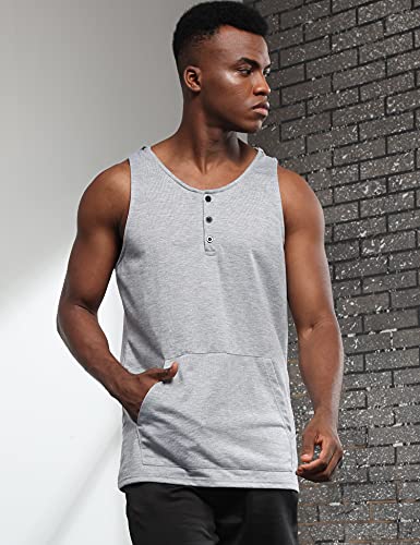 iWoo Men\'s Workout Hooded Gym Muscle Tank Tops Sleeveless Fashion Button T Shirt with Pockets Grey M