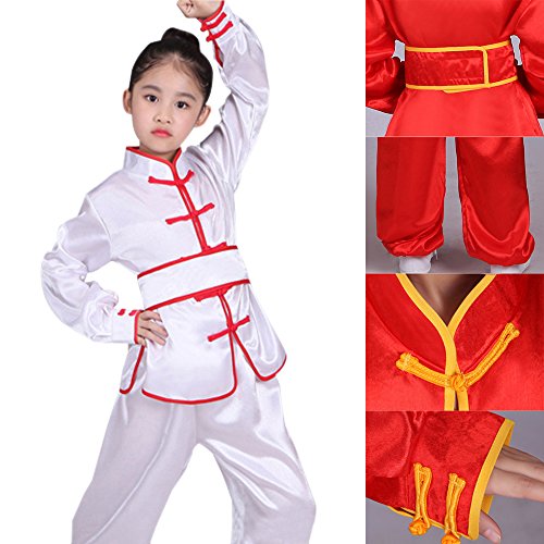 KINDOYO Unisex Boys Girls Kids Classic Long Sleeve Martial Arts Suits Performance Tai Chi Clothing Kung Fu Uniform, White-red