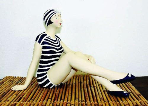 KensingtonRow Home Collection SCULPTURES - BATHING BEAUTY FIGURINE IN NAVY & WHITE STRIPED BATHING SUIT WITH KNEES UP - NAUTICAL DECOR