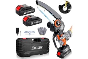 EIRUAW Mini Chainsaw Cordless 6-INCH, Portable Electric Power Pruning Saw, Rechargeable Battery Powered Handheld Chain Saw for Tree Branches, Courtyard, Household and Garden, 2PCS 21V 1500mAh Black