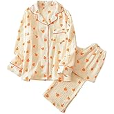 codcm Womens Cotton Gauze Pajama Set Long Sleeve Button Up Shirt and Pants 2 Piece Cute Printed Pj Set